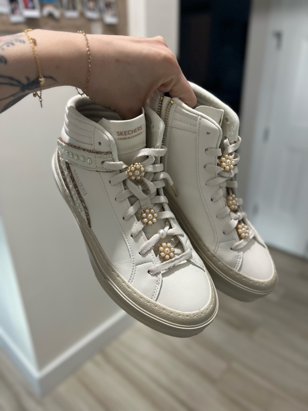 Skechers Women's Cream Pearl-Embellished High-Top Sneakers